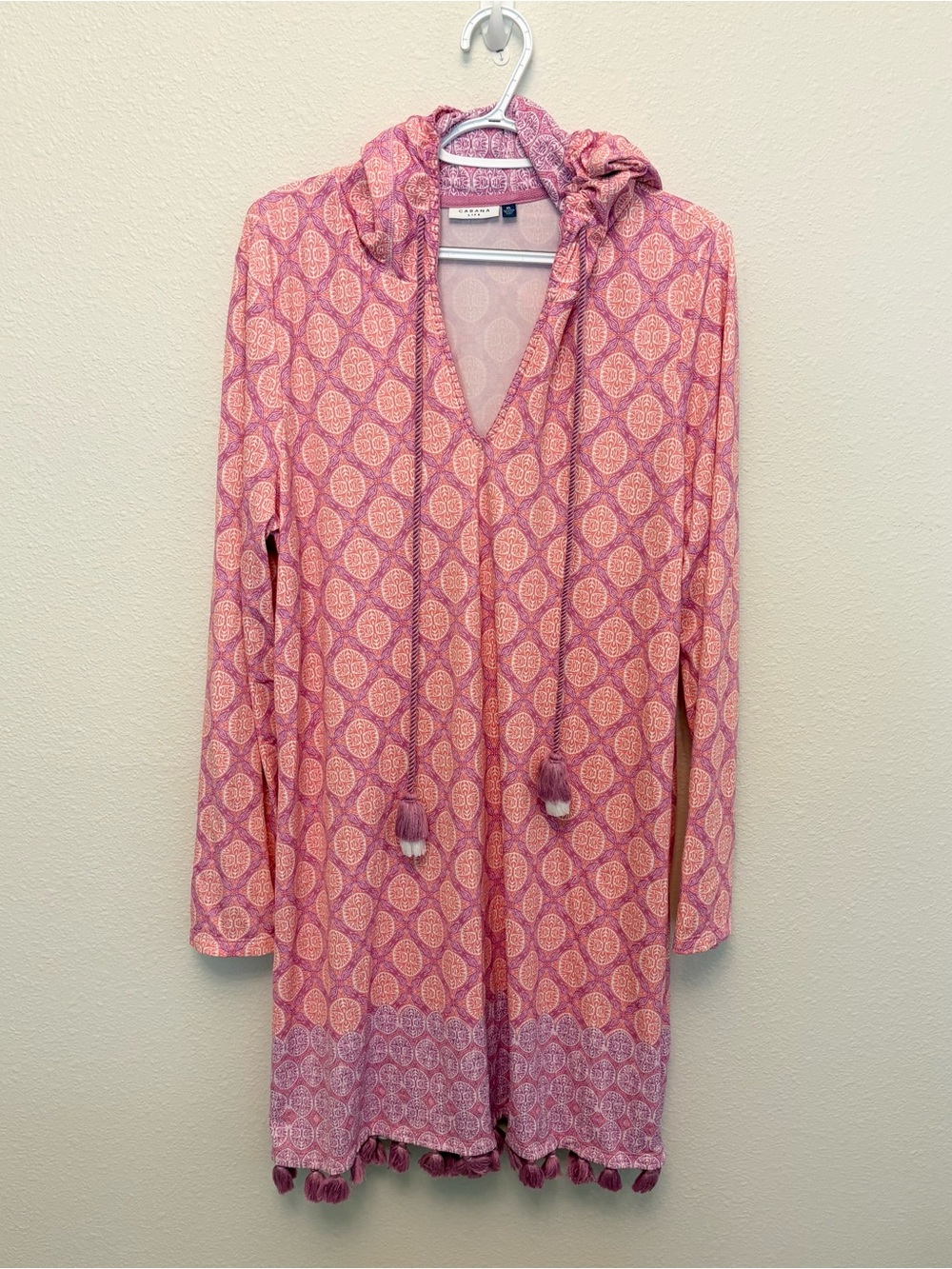 Cabana Life Women's Pink Geometric Hooded Tassel Cover Up Dress Size XL Beach